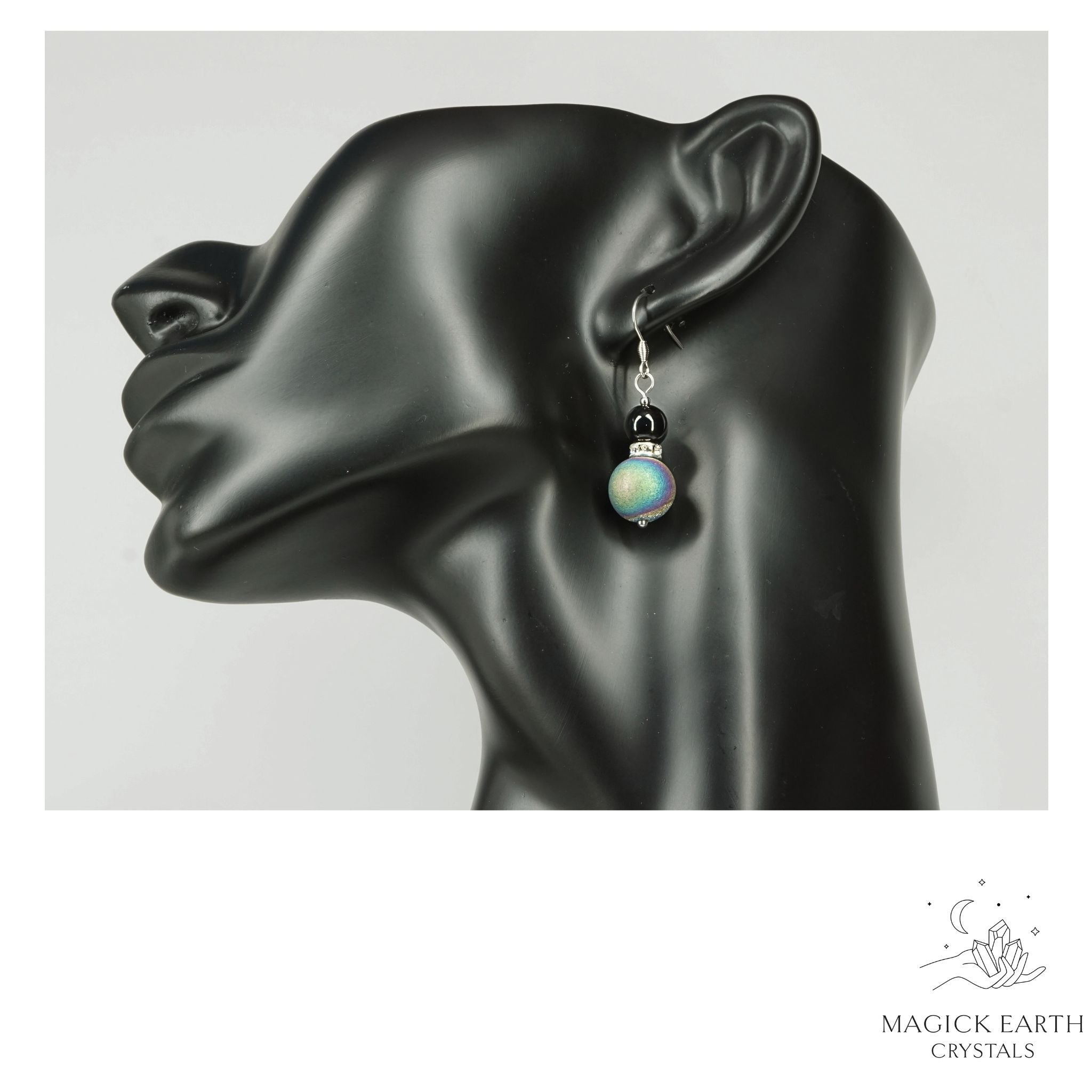 Rainbow Electroplated Druzy Geode and Obsidian Earrings With Platinum Finish on display head  