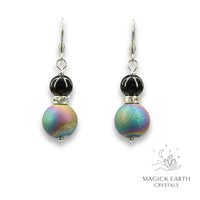 Rainbow Electroplated Druzy Geode and Obsidian Earrings With Platinum Finish