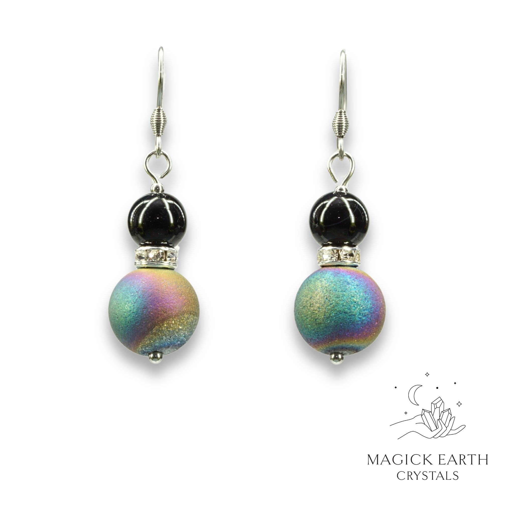 Rainbow Electroplated Druzy Geode and Obsidian Earrings With Platinum Finish