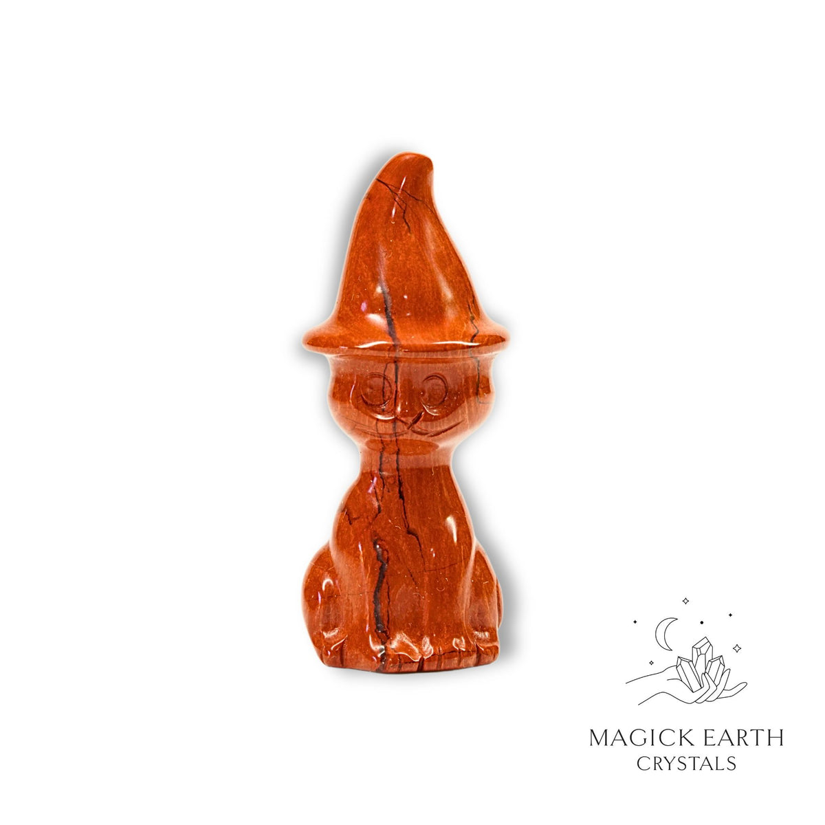 Natural Red Jasper crystal cat figurine with witch hat