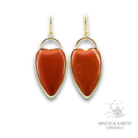 Natural Red Jasper charmed heart crystal earrings with decorative gold edging view a