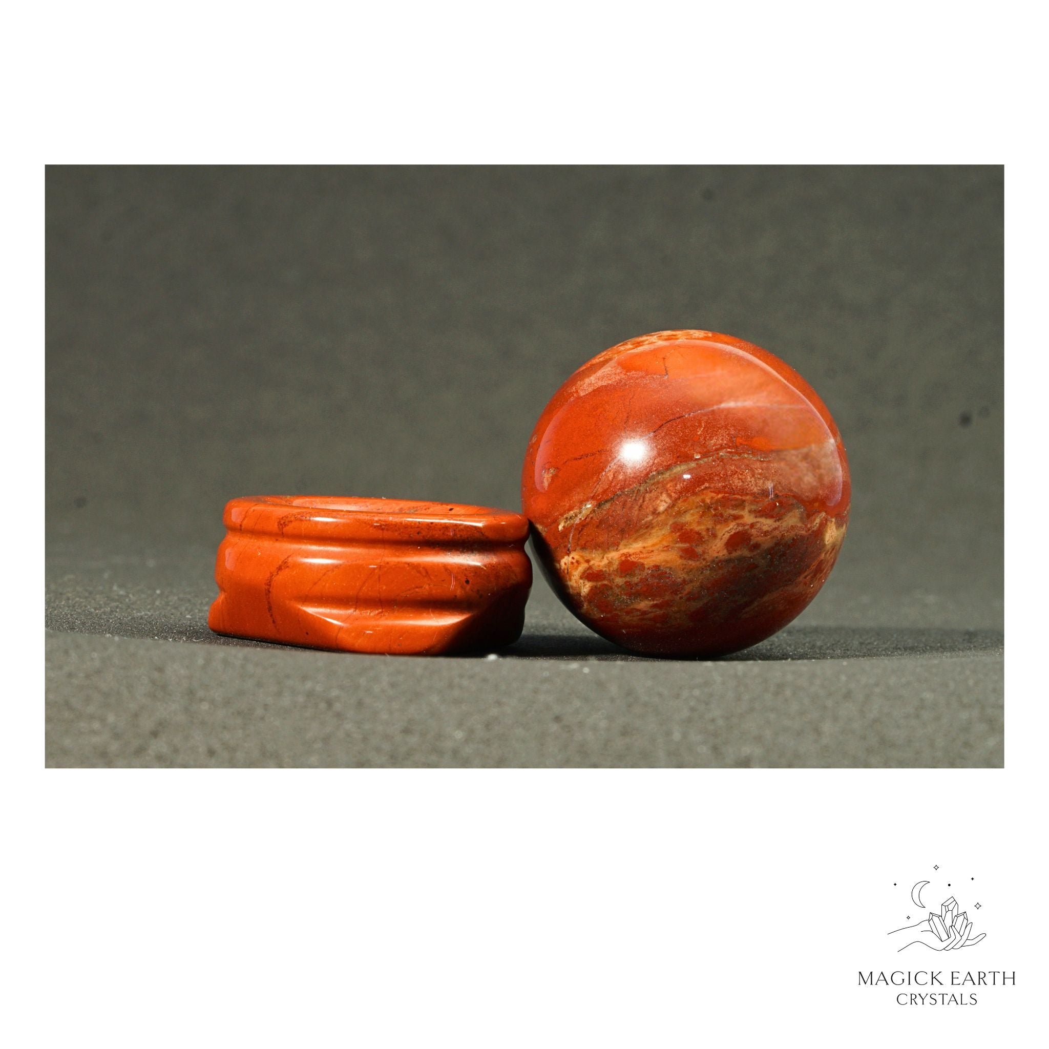 Natural Red Jasper crystal sphere with Red Jasper Stand view b