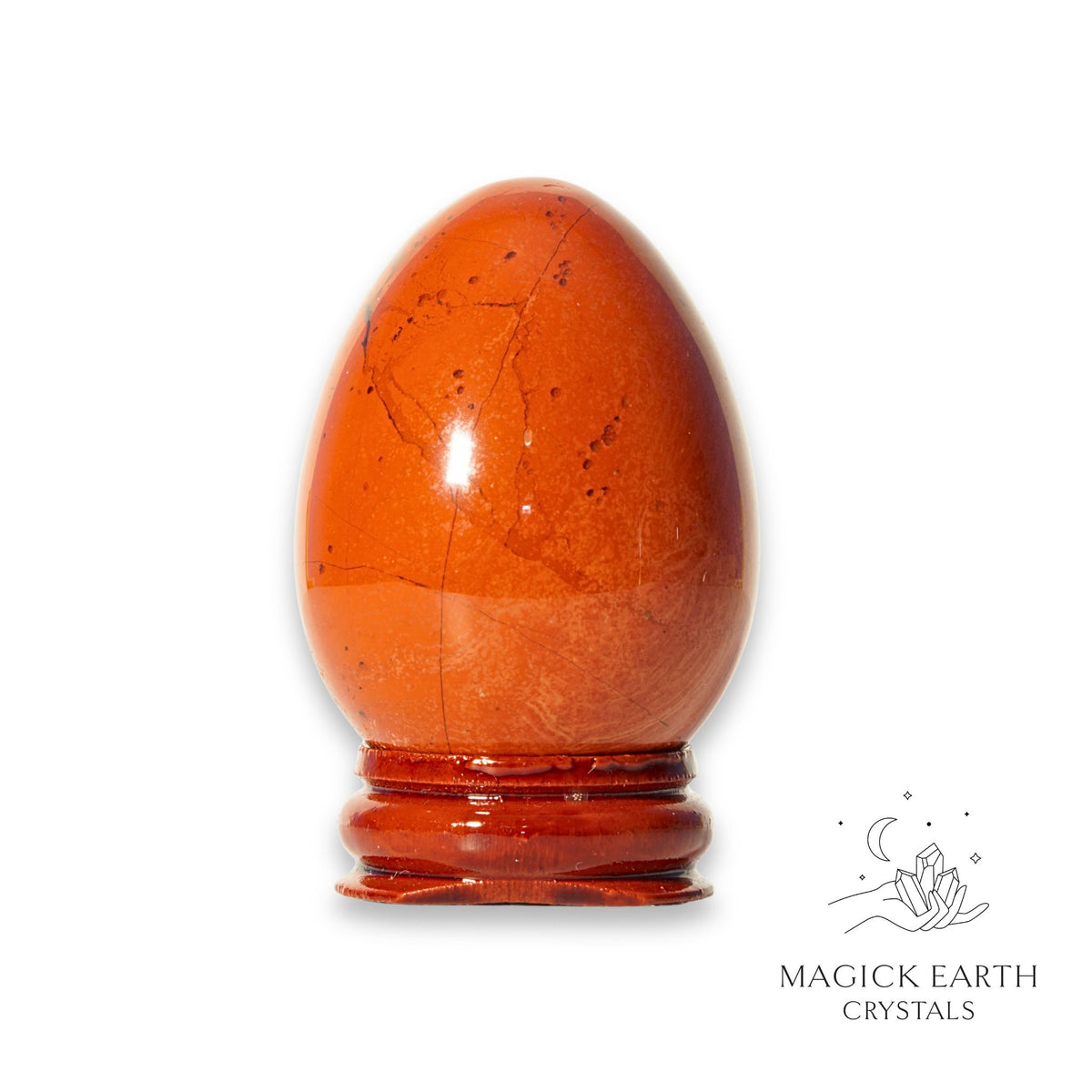 Red Jasper Crystal Egg on Wooden Stand View A for Grounded Power