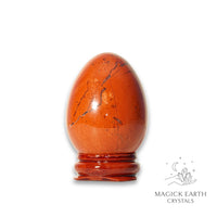 Red Jasper Crystal Egg on Wooden Stand View B for Grounded Power