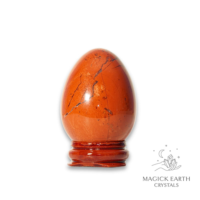 Red Jasper Crystal Egg on Wooden Stand View B for Grounded Power