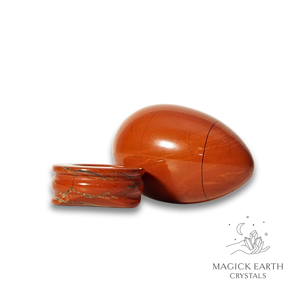 Red Jasper Crystal Egg on Matching Stand Horizontal View for Grounded Power