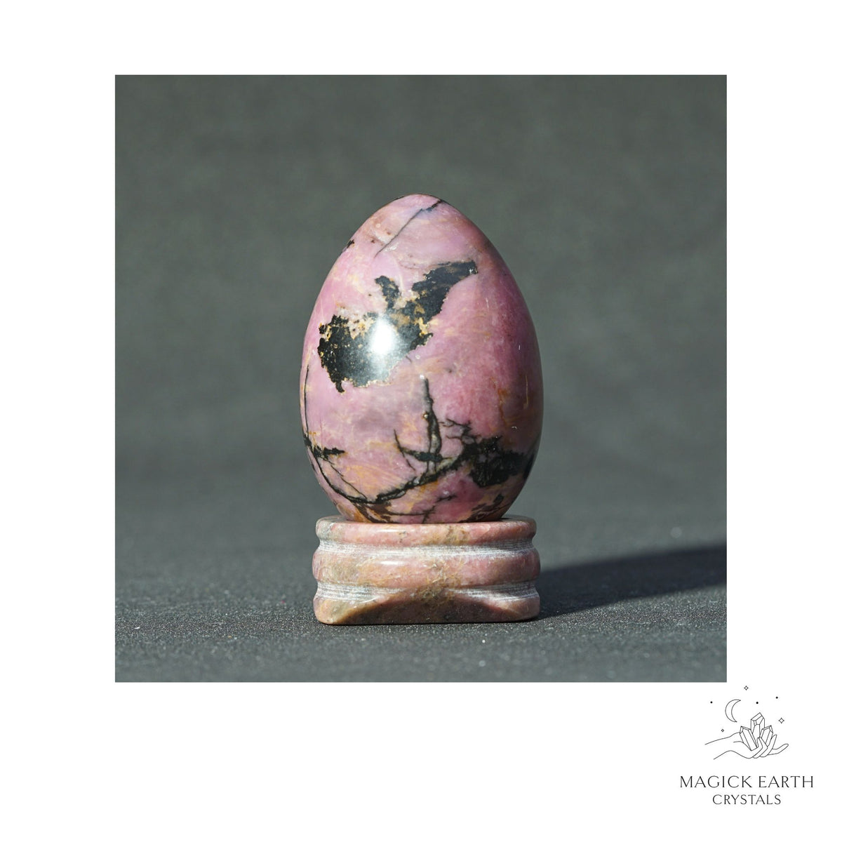 Natural Rhodonite Crystal Egg with Matching Stand View C