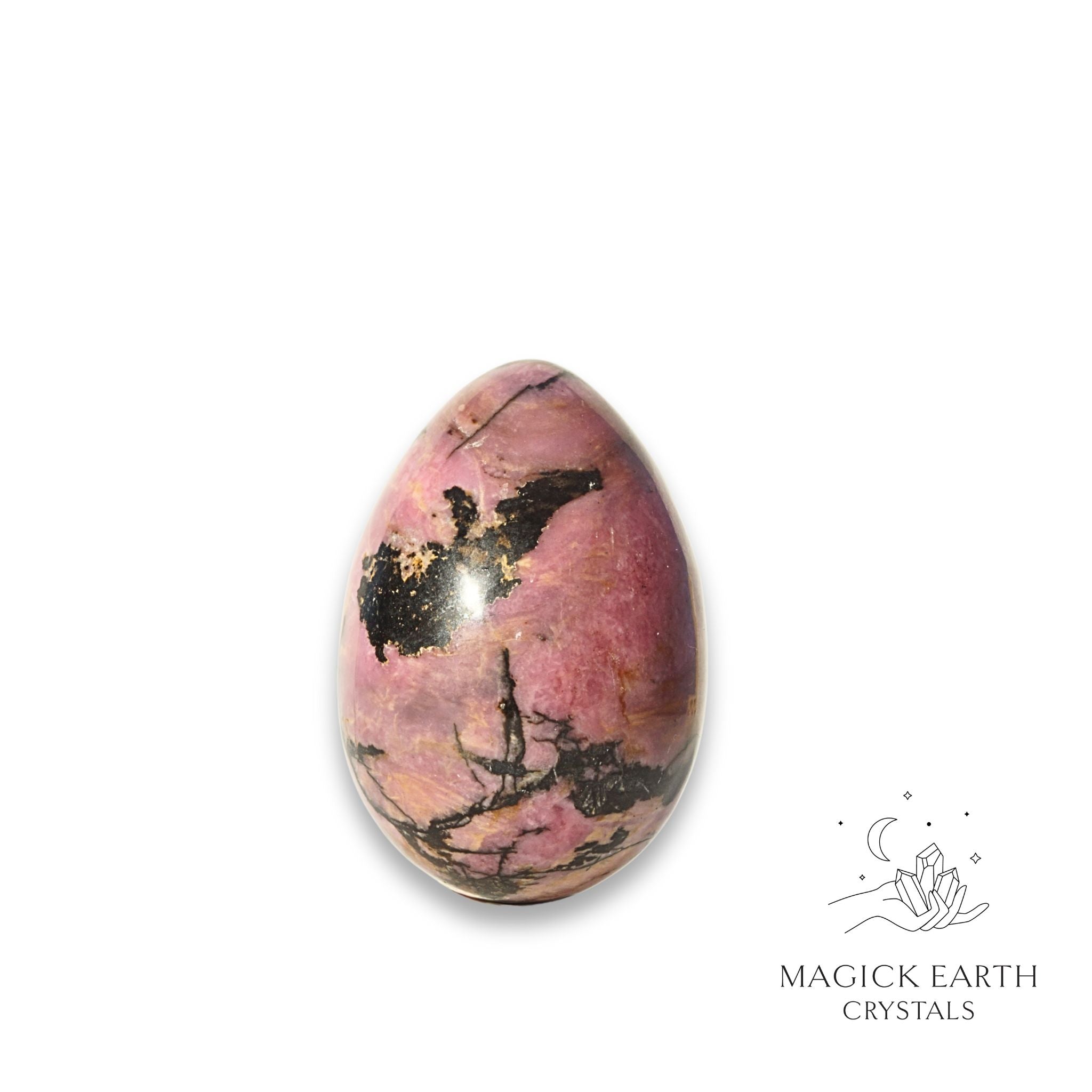 Natural Rhodonite crystal egg with stand view d