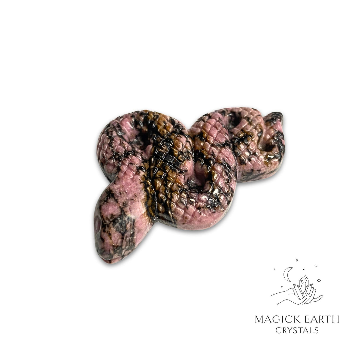Natural Rhodonite crystal extended snake figurine view b