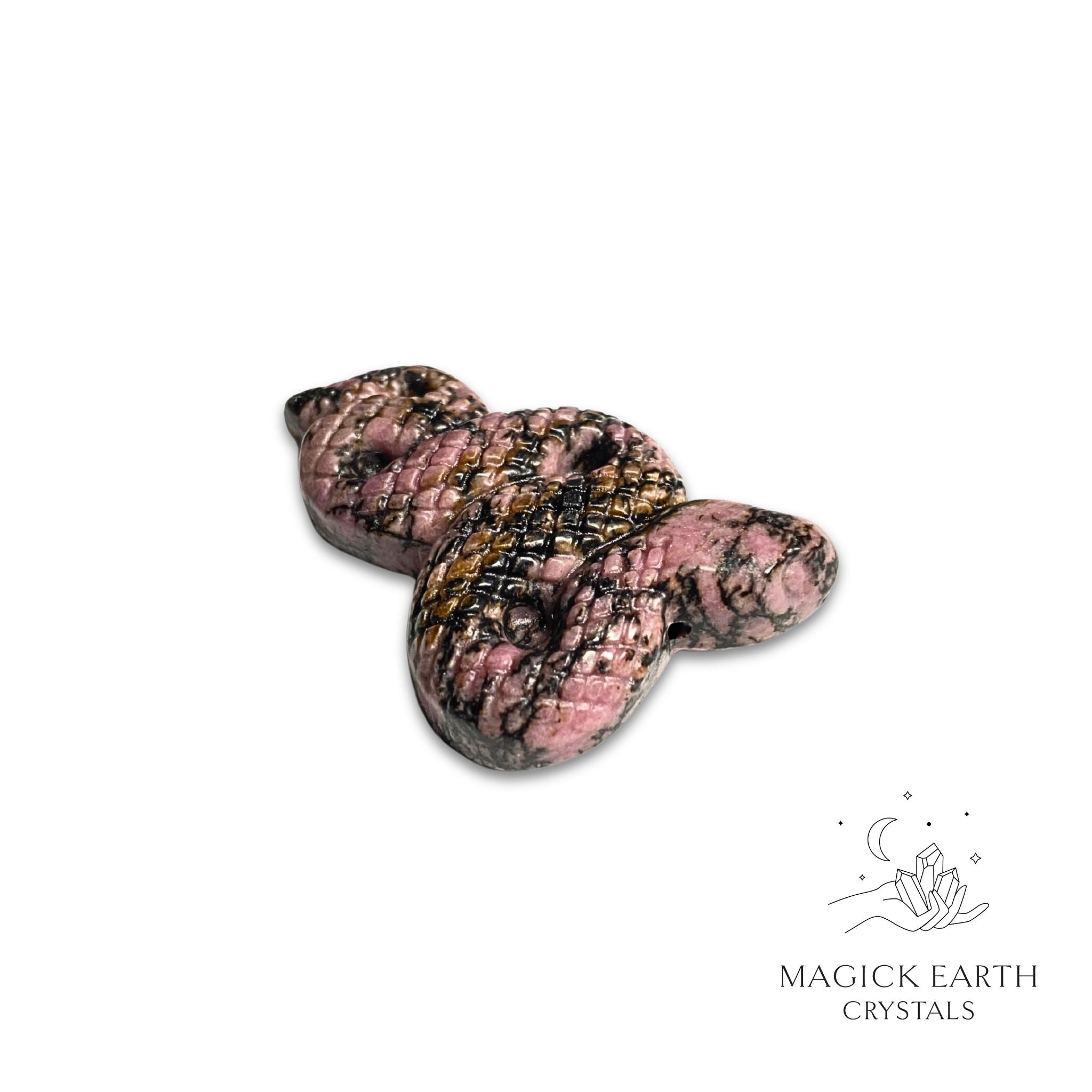 Natural Rhodonite crystal extended snake figurine view c