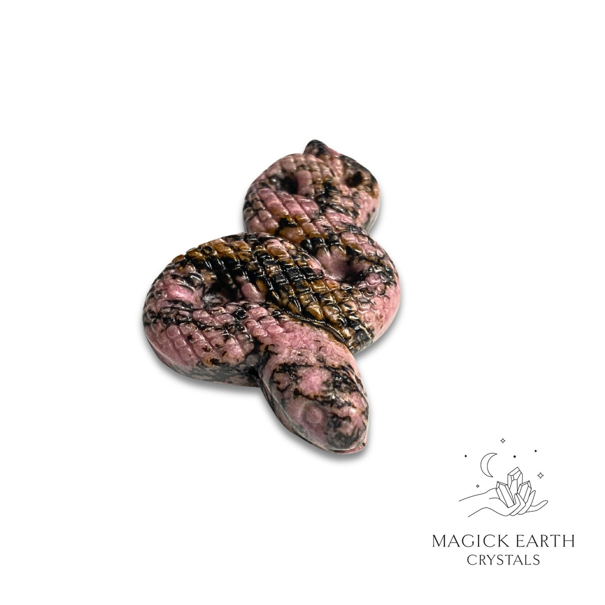 Natural Rhodonite crystal extended snake figurine front view