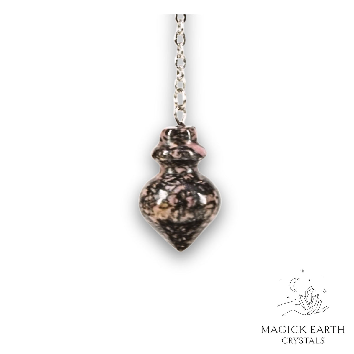 Natural Rhodonite crystal flask pendulum view b
