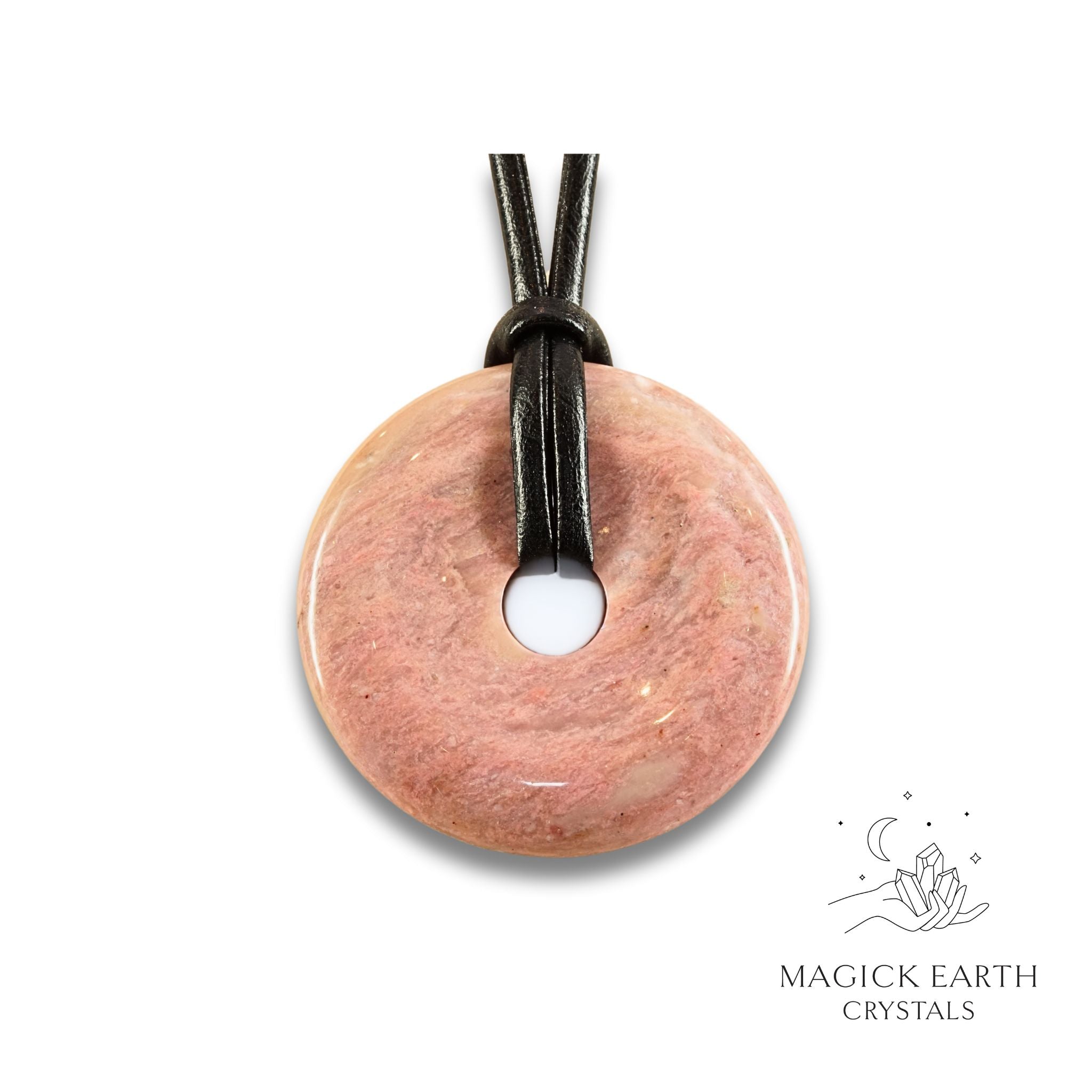 Natural 50mm lighter shade rhodonite donut pendant hanging from a black vegan cord.