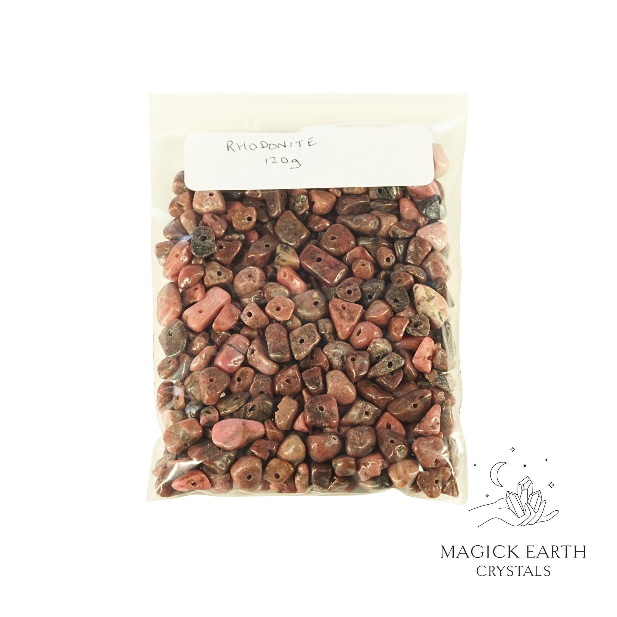 Natural Rhodonite drilled crystal chip 120g bag view b