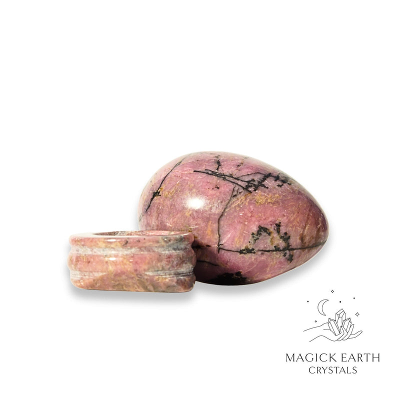 Rhodonite Crystal Egg With Matching Stand Horizontal View For Emotional Recovery