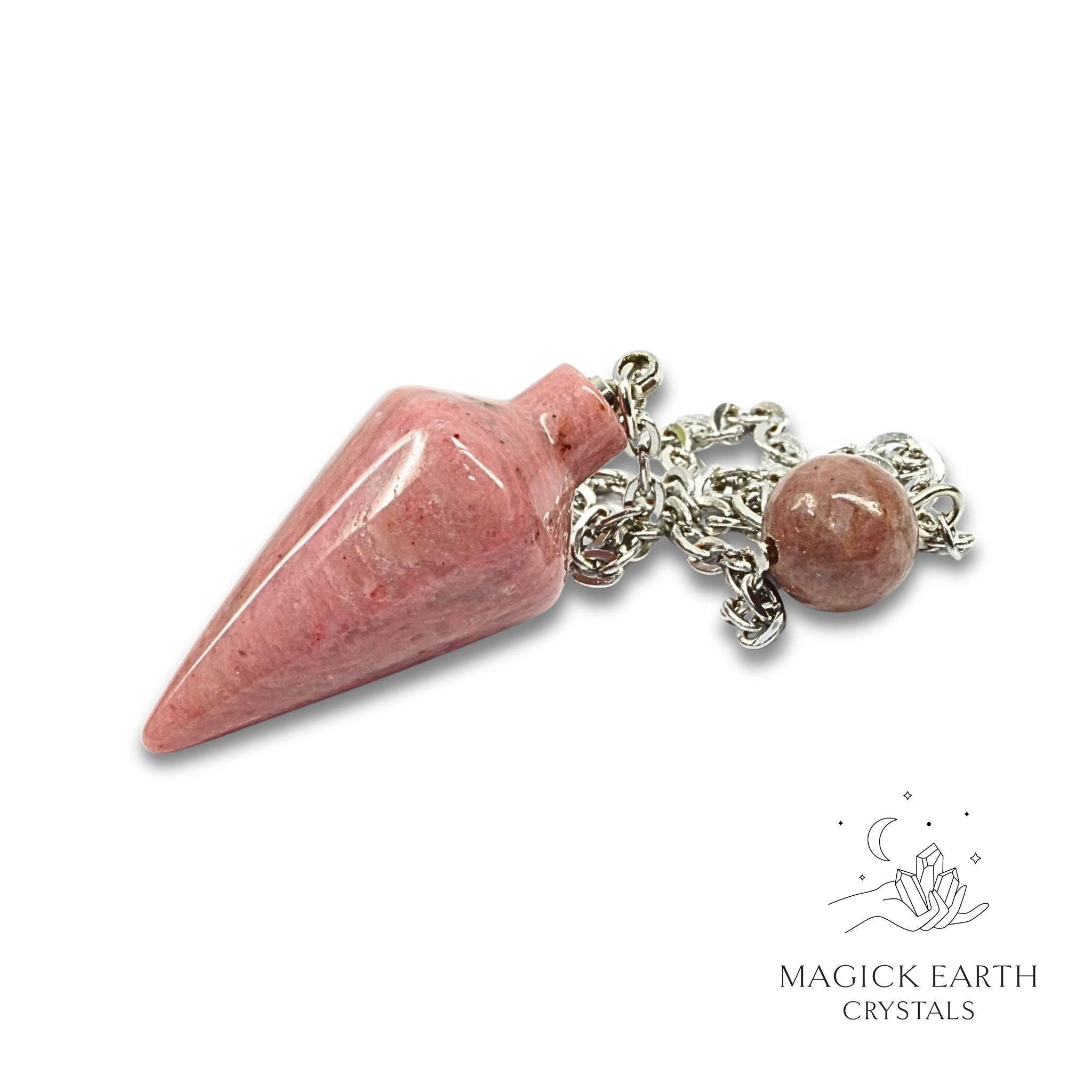 Natural Rhodonite spire crystal pendulum view a