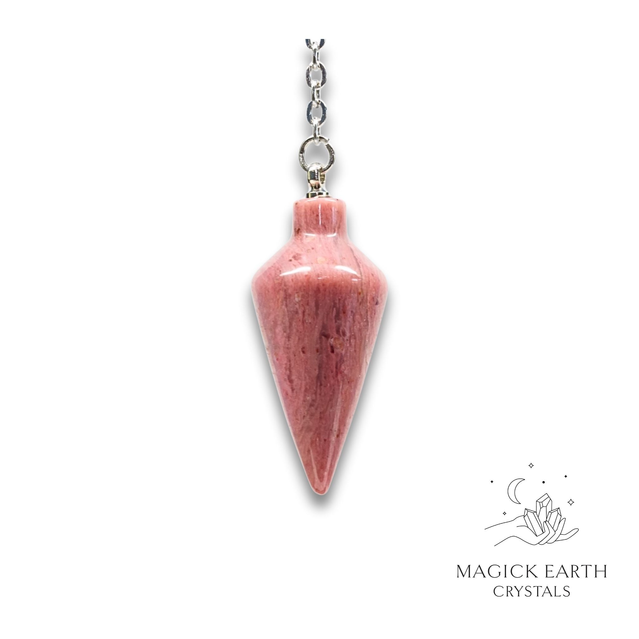 Natural Rhodonite spire crystal pendulum view b