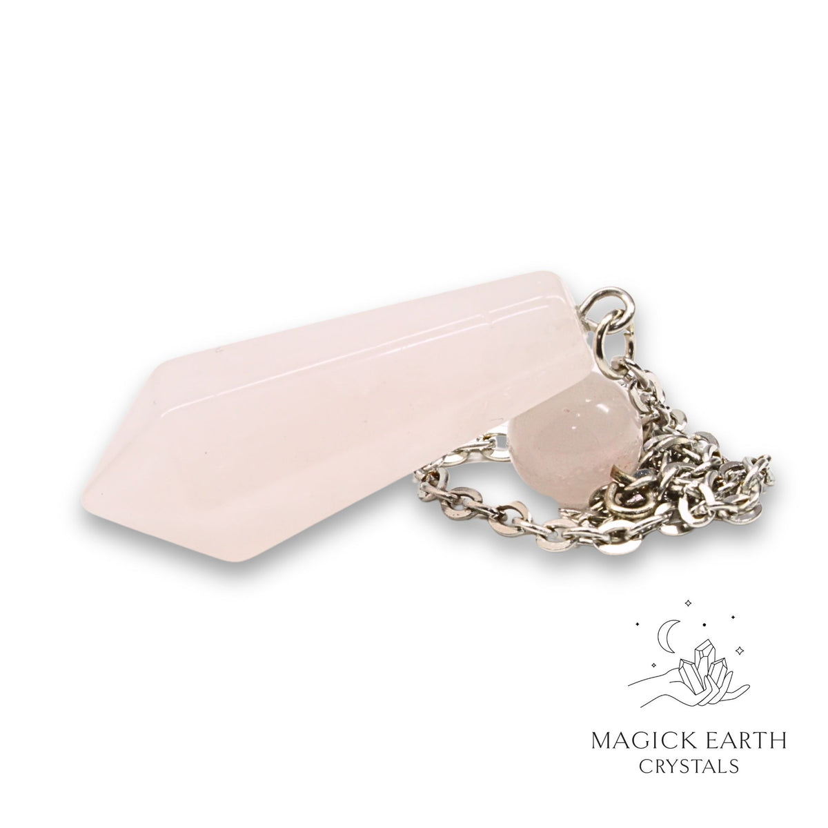 Rose Quartz Crystal Bullet Pendulum Horizontal View for Amplified Love