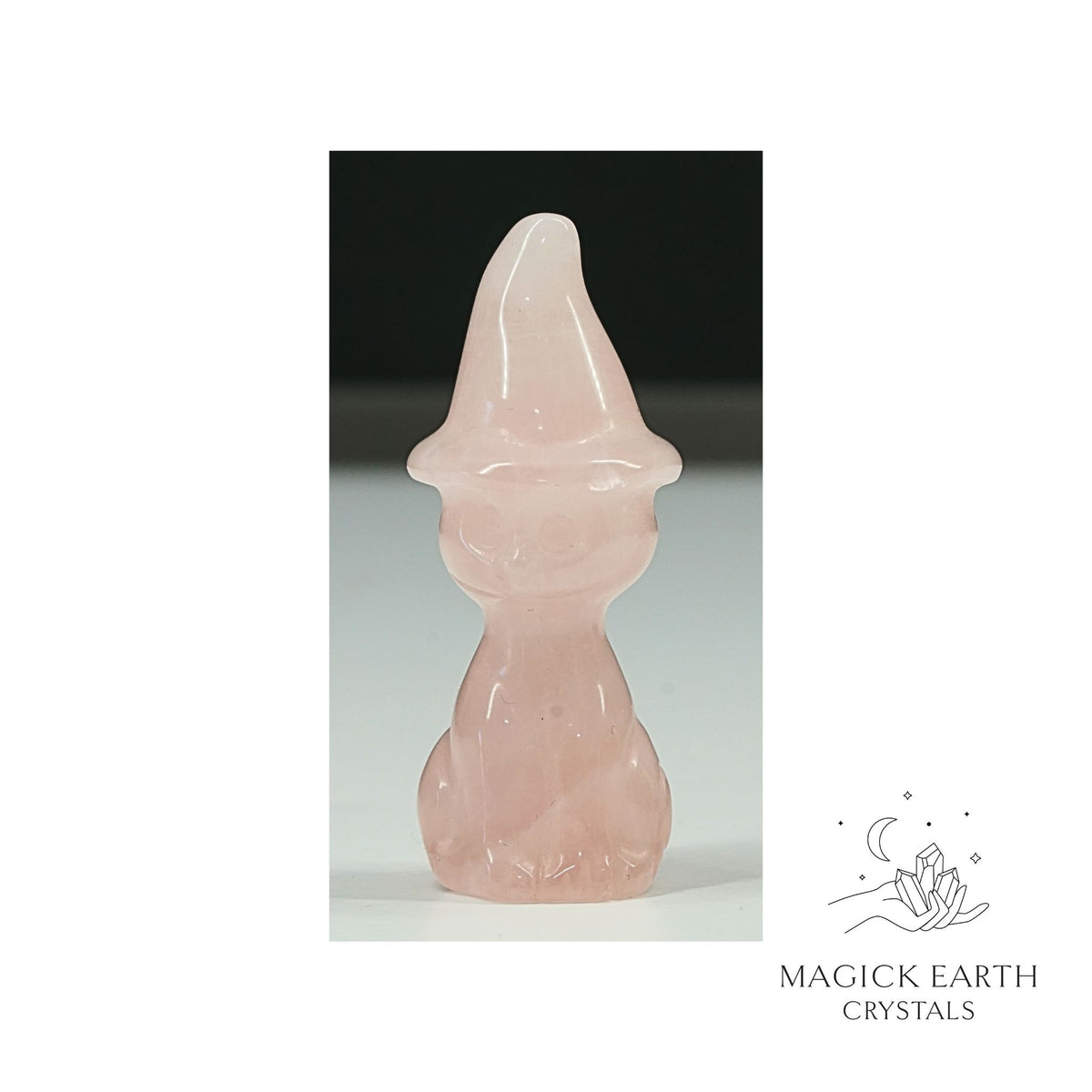 Natural Rose Quartz crystal cat figurine with witch hat