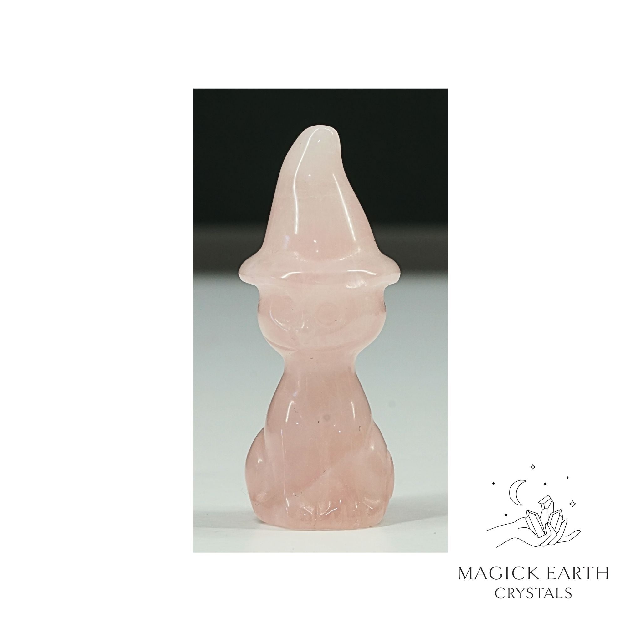 Natural Rose Quartz crystal cat figurine with witch hat