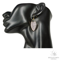 Natural Rose Quartz charmed heart crystal earrings with decorative gold edging view b