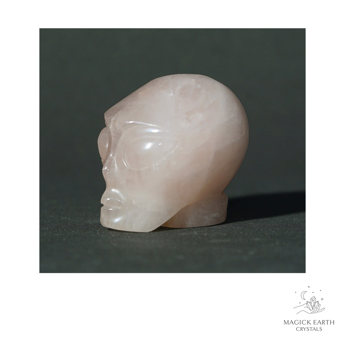 Natural Rose Quartz Crystal Alien Skull View A