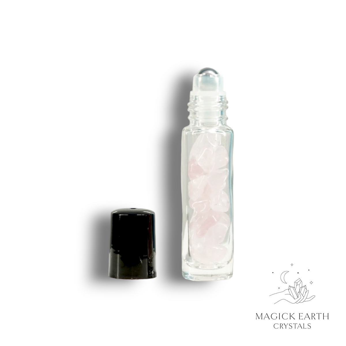 Natural Rose Quartz crystal chip roller bottle view b