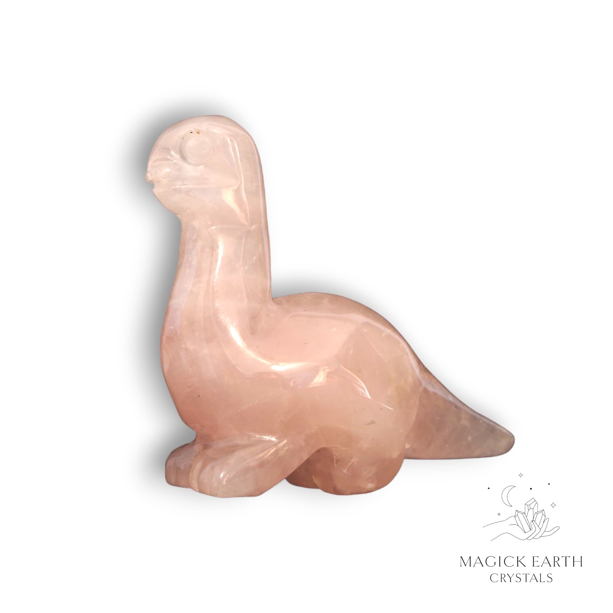 Natural Rose Quartz crystal dinosaur figurine left view