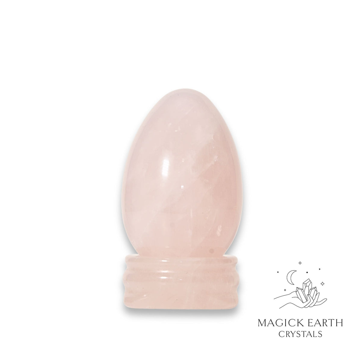 Natural Rose Quartz crystal egg with stand view a