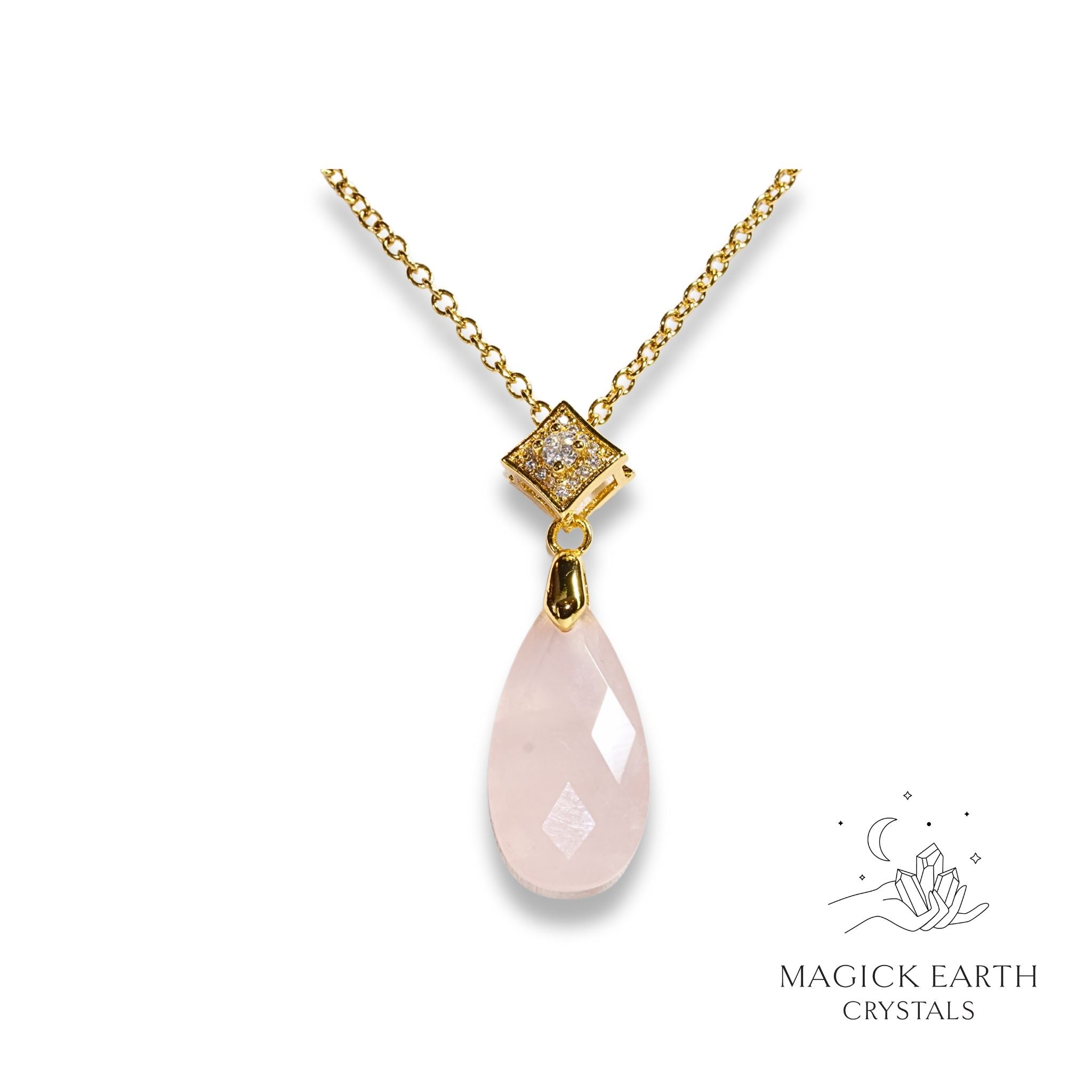 Natural Rose Quartz crystal faceted teardrop pendant view a