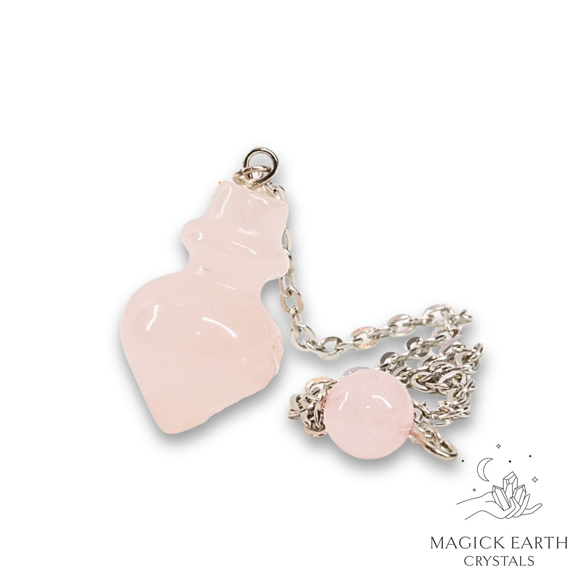 Natural Rose Quartz crystal flask pendulum view a