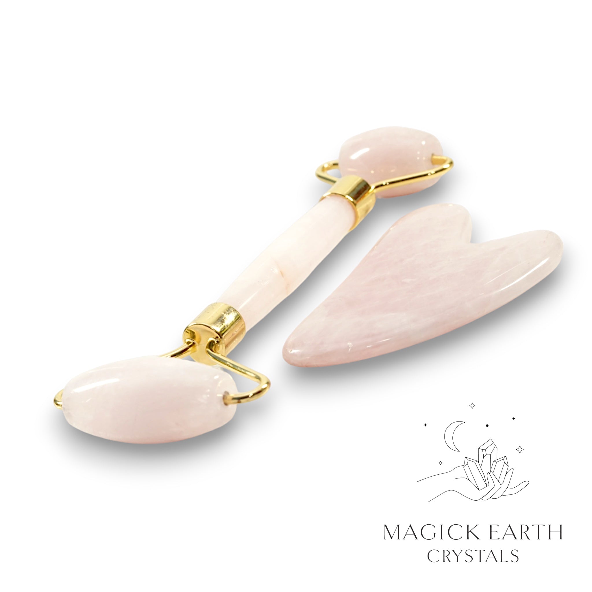 Natural Rose Quartz crystal massage roller and Gua Sha set 