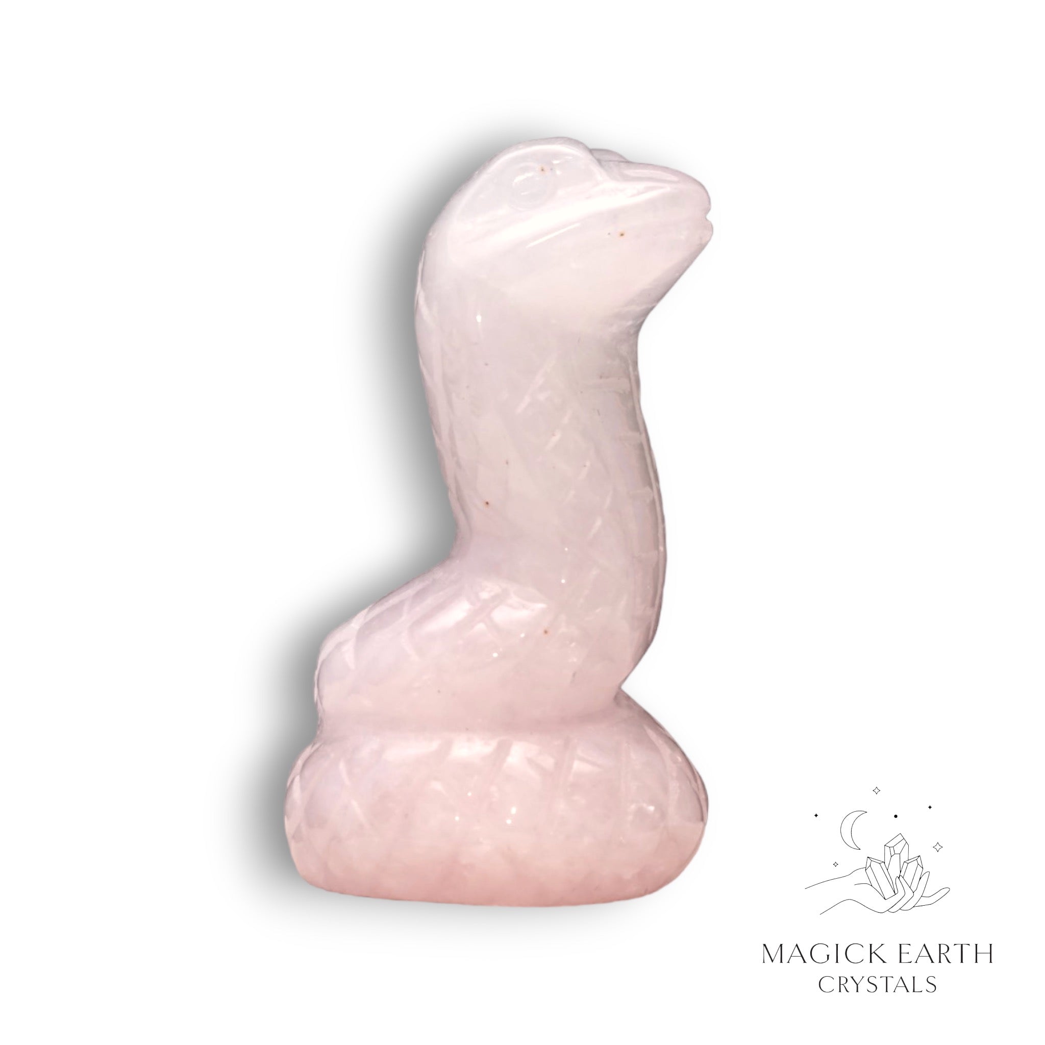 Natural Rose Quartz crystal snake figurine view a