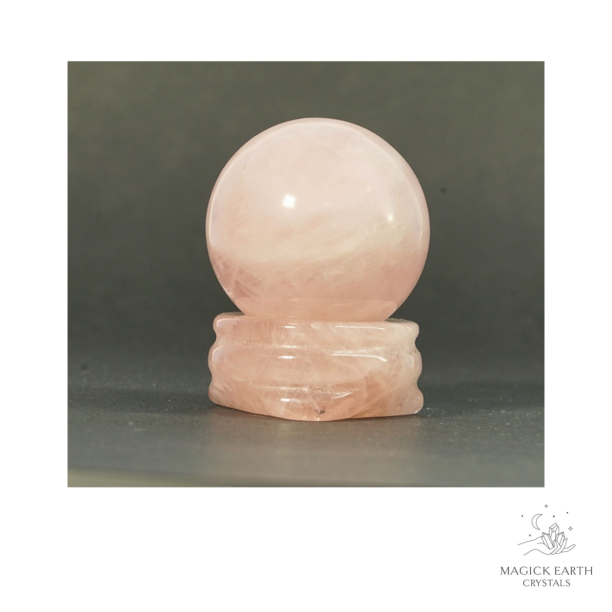 Natural Rose Quartz crystal sphere with rose quartz stand view a