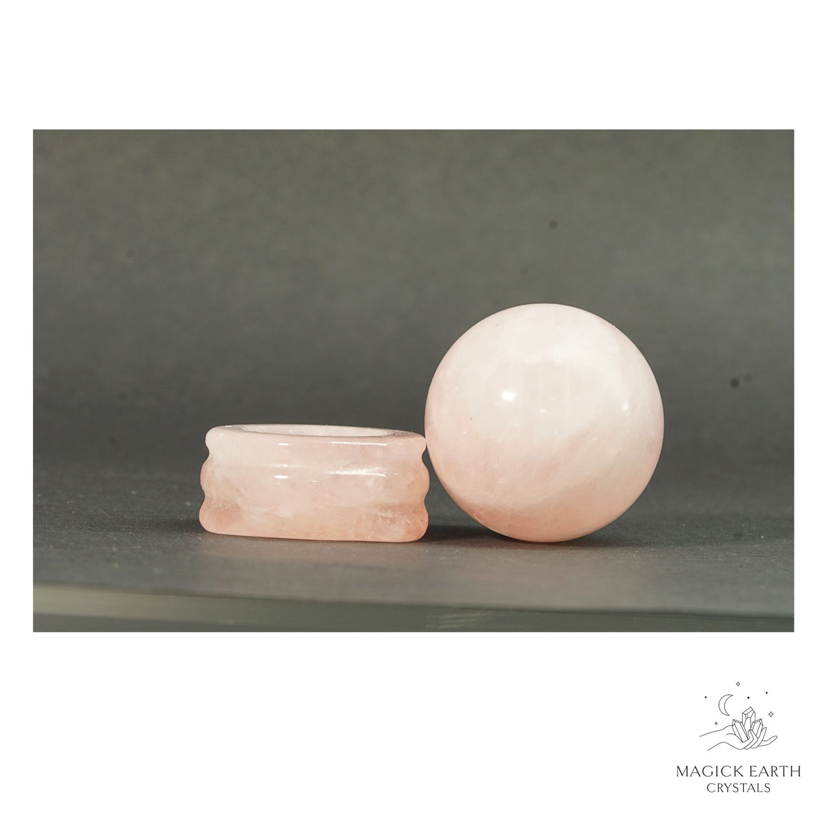 Natural Rose Quartz crystal sphere with rose quartz stand view b