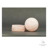 Natural Rose Quartz crystal sphere with rose quartz stand view b