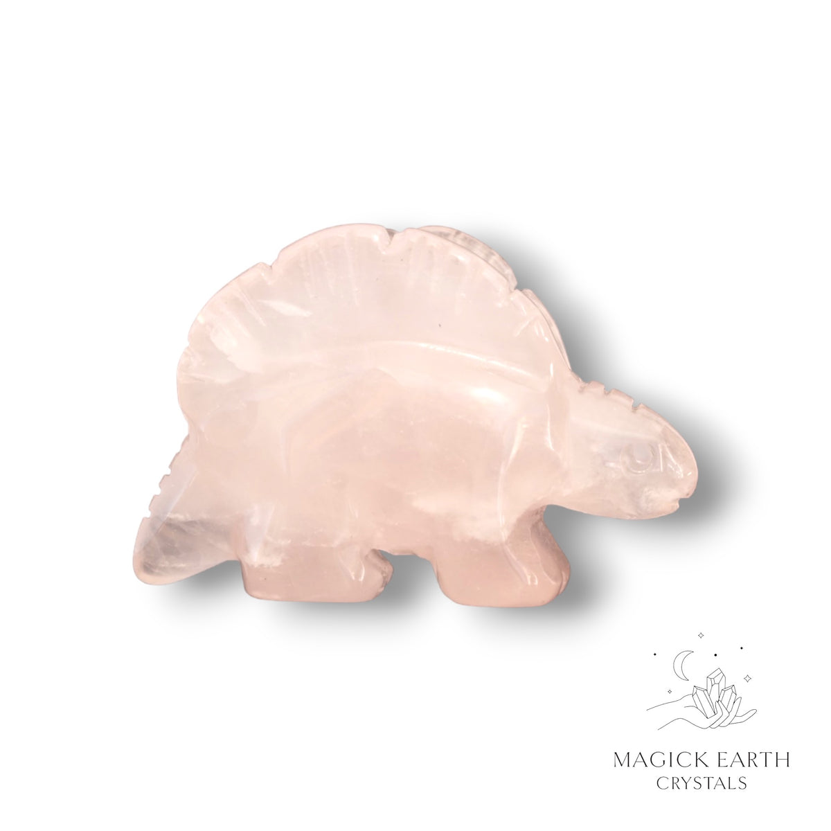 Natural Rose Quartz crystal stegosaurus figurine view a