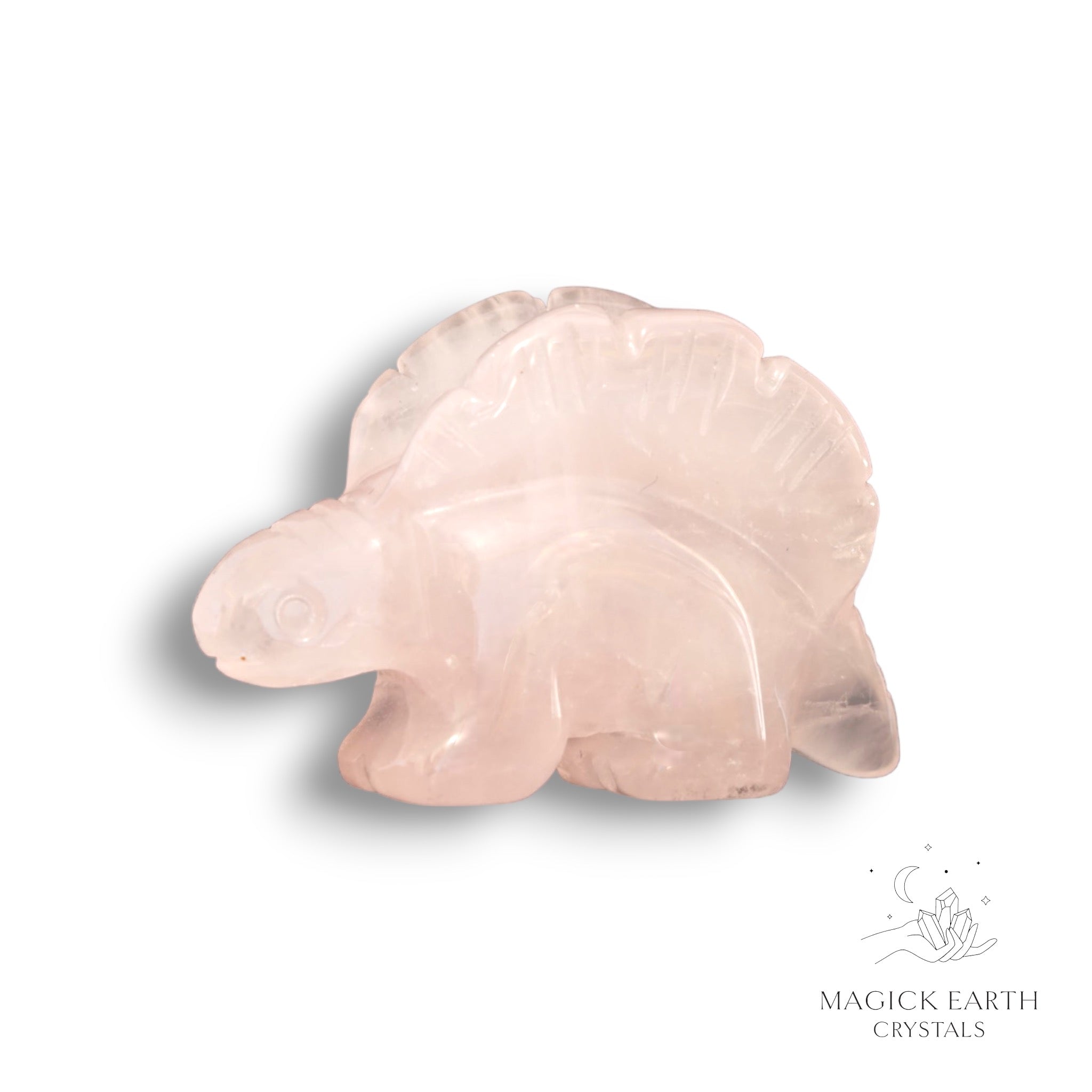 Natural Rose Quartz crystal stegosaurus figurine view b