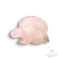 Natural Rose Quartz crystal stegosaurus figurine left view