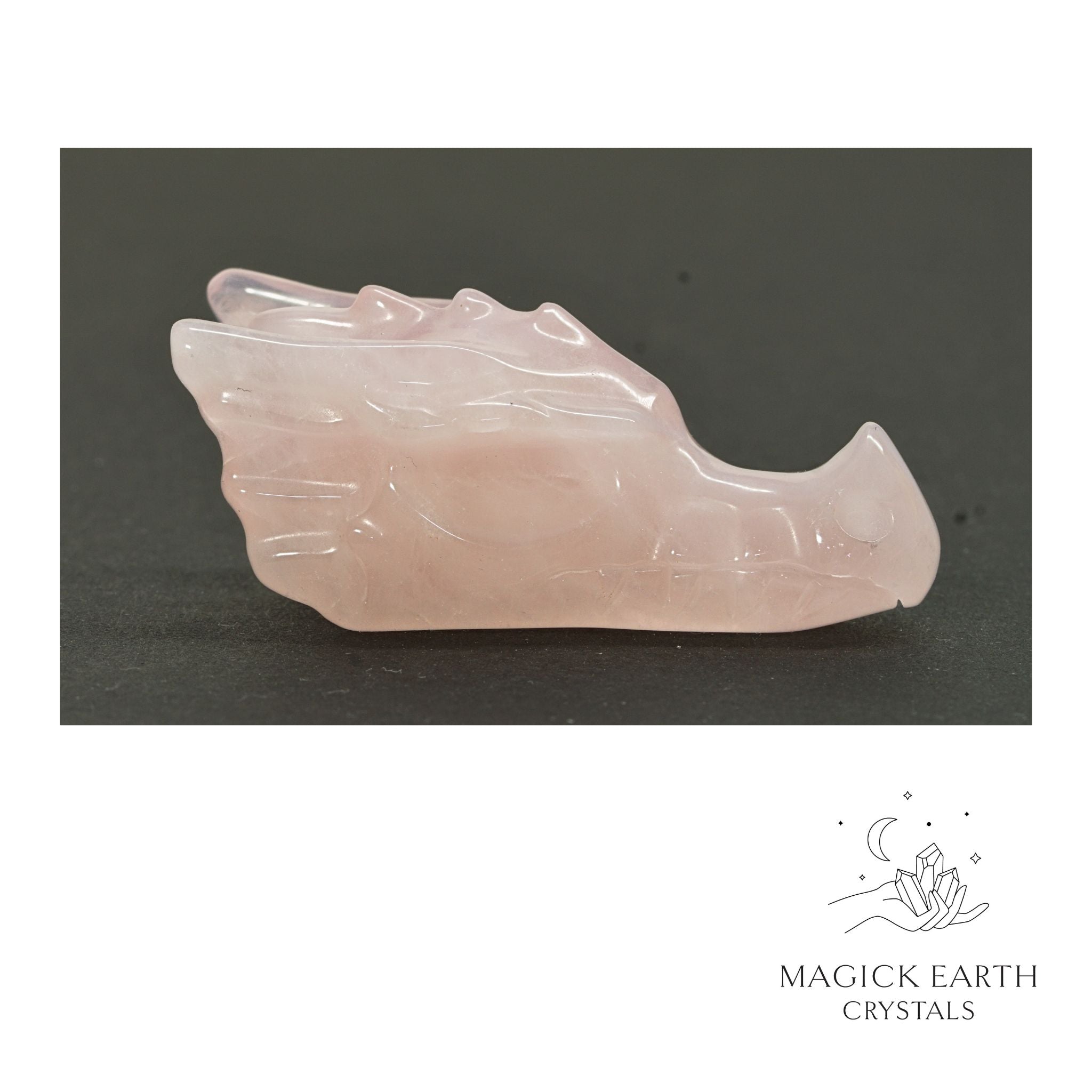 Natural Rose Quartz dragon skull view c