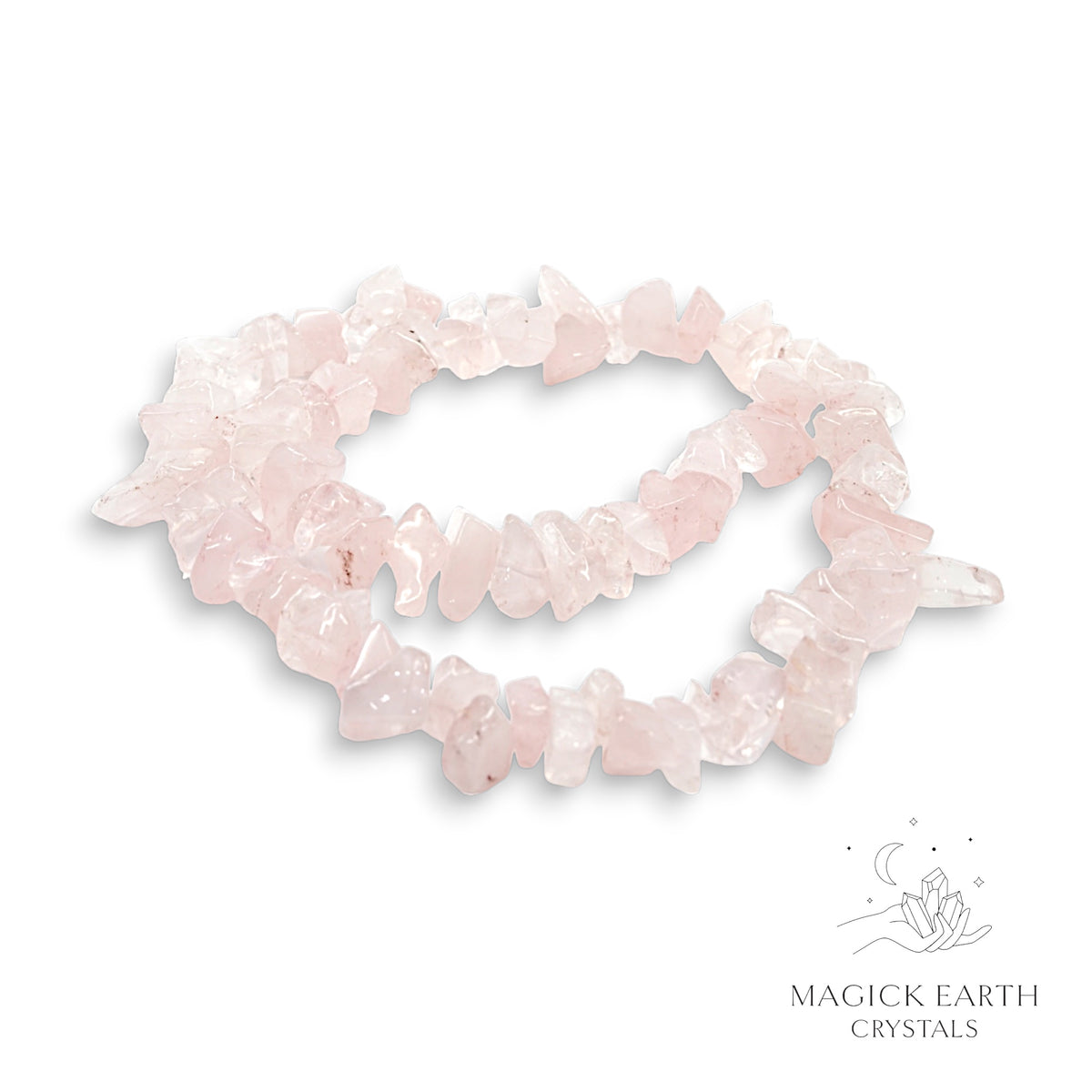 Natural Rose Quartz drilled crystal chip strand view a