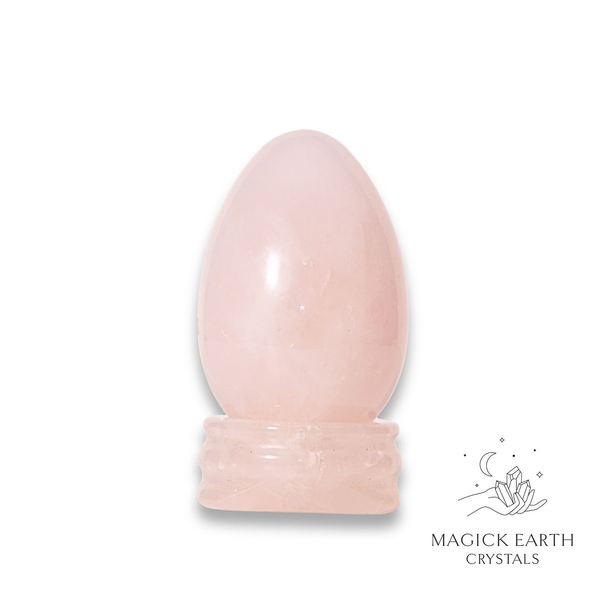 Rose Quartz Crystal Egg On Matching Stand Vertical View A For Amplified Love