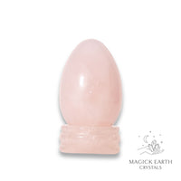 Rose Quartz Crystal Egg On Matching Stand Vertical View A For Amplified Love