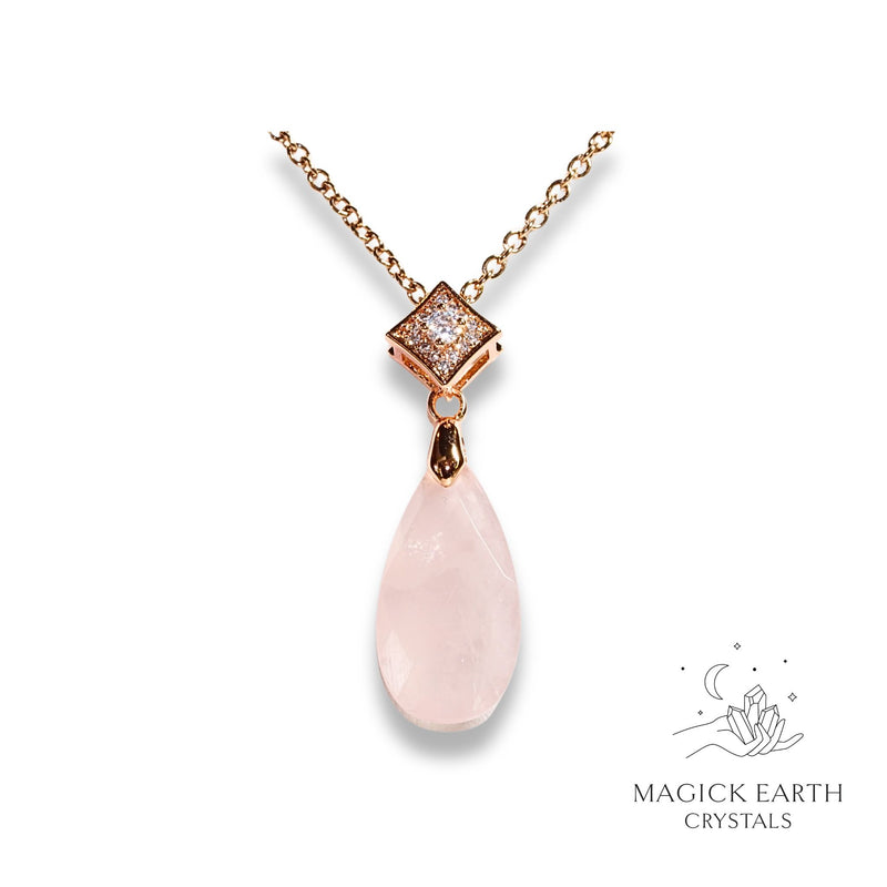 Rose Quartz Faceted Teardrop Pendant  with Rose Gold Finish For Amplified Love