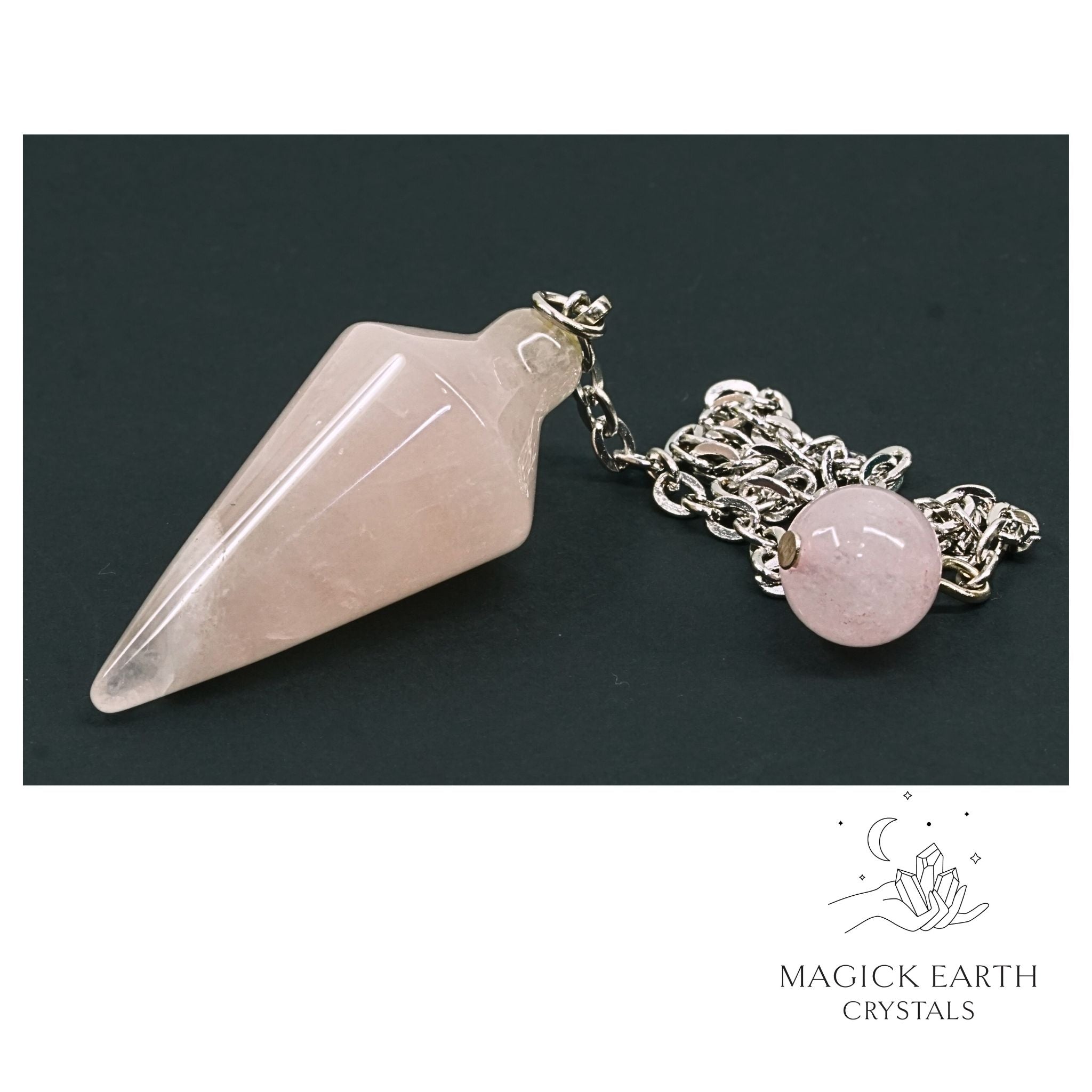 Natural Rose Quartz spire crystal pendulum view a