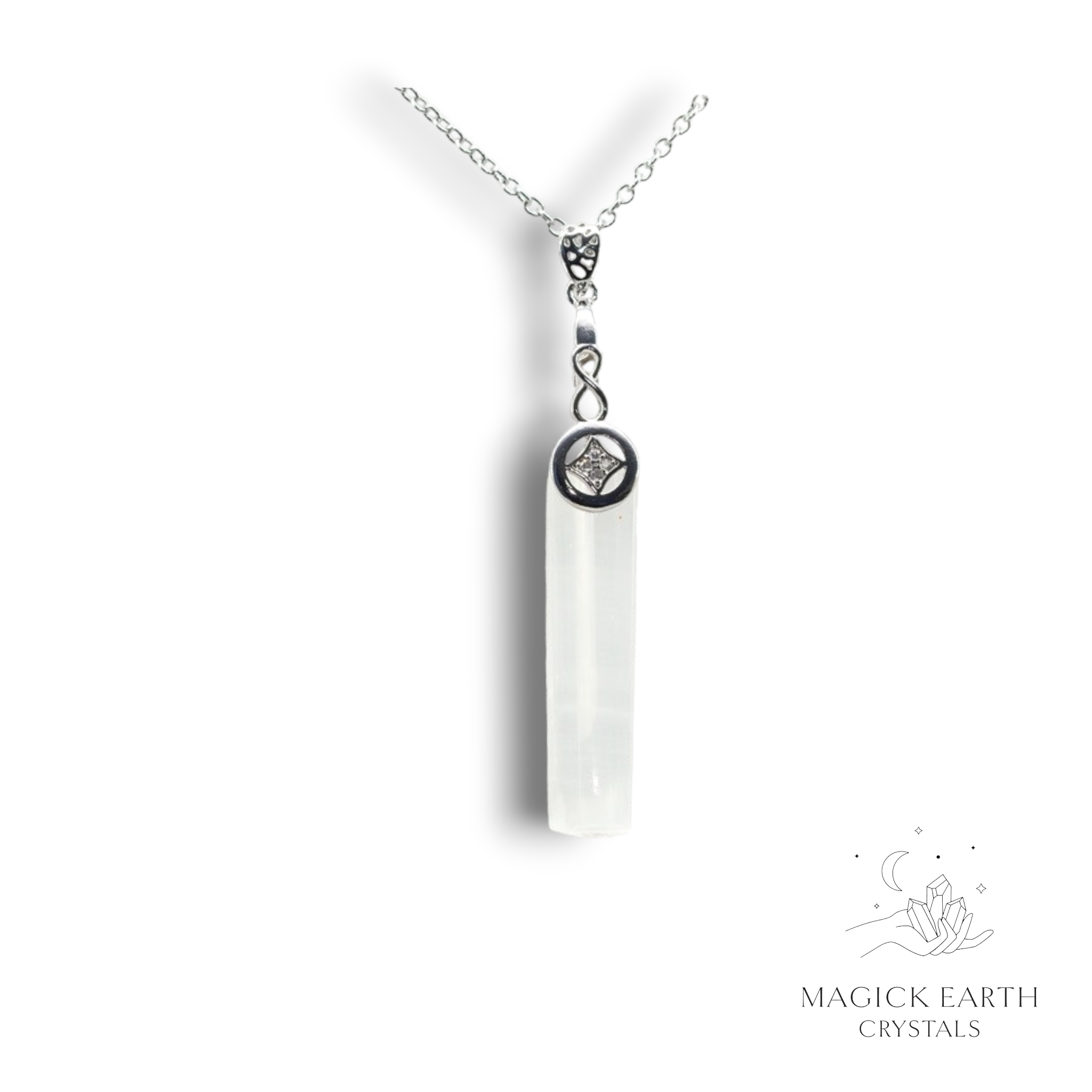 Natural Selenite crystal rectangle pendant view a
