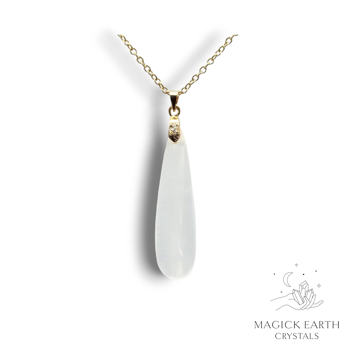 Natural Selenite crystal teardrop pendant view a
