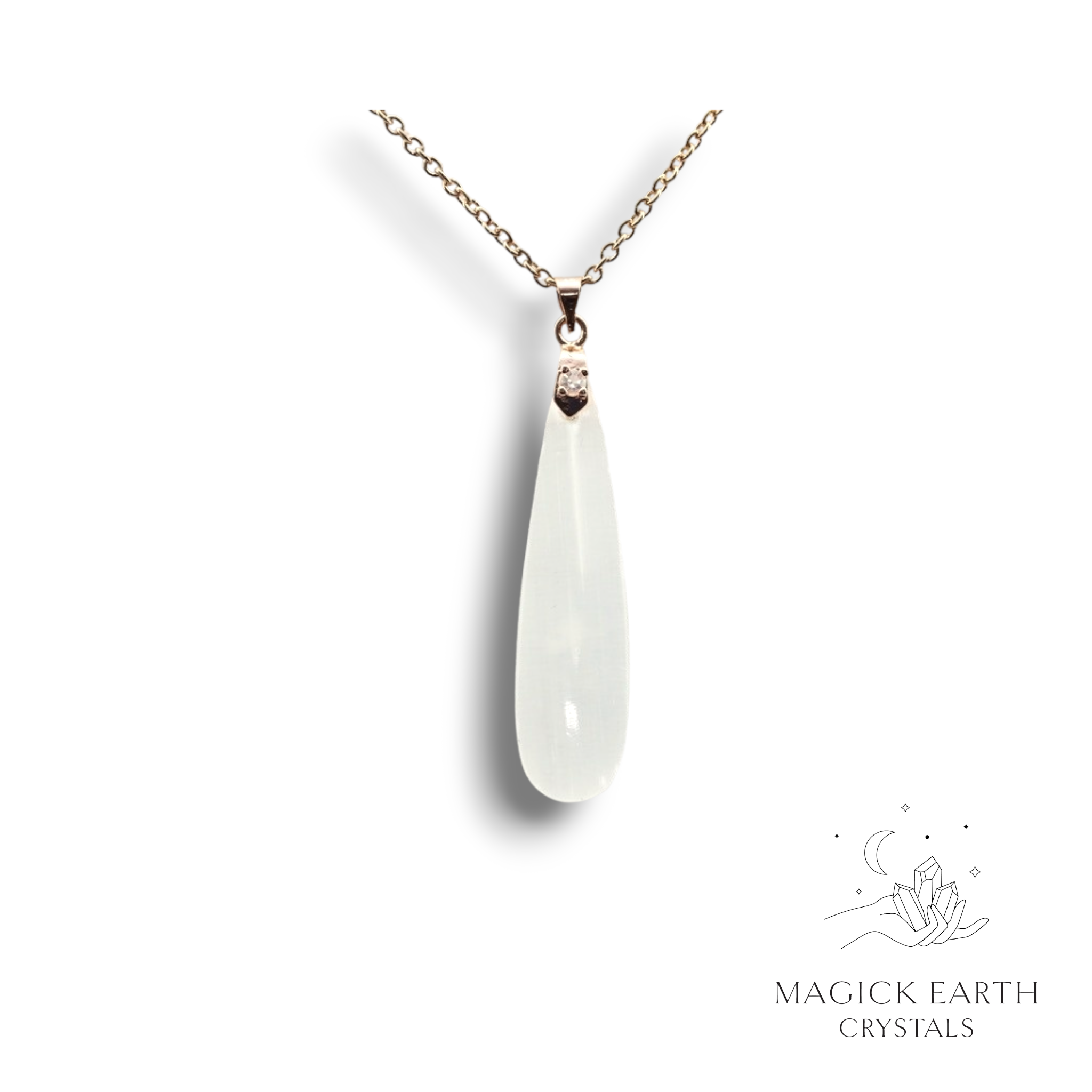 Natural Selenite crystal teardrop pendant view c