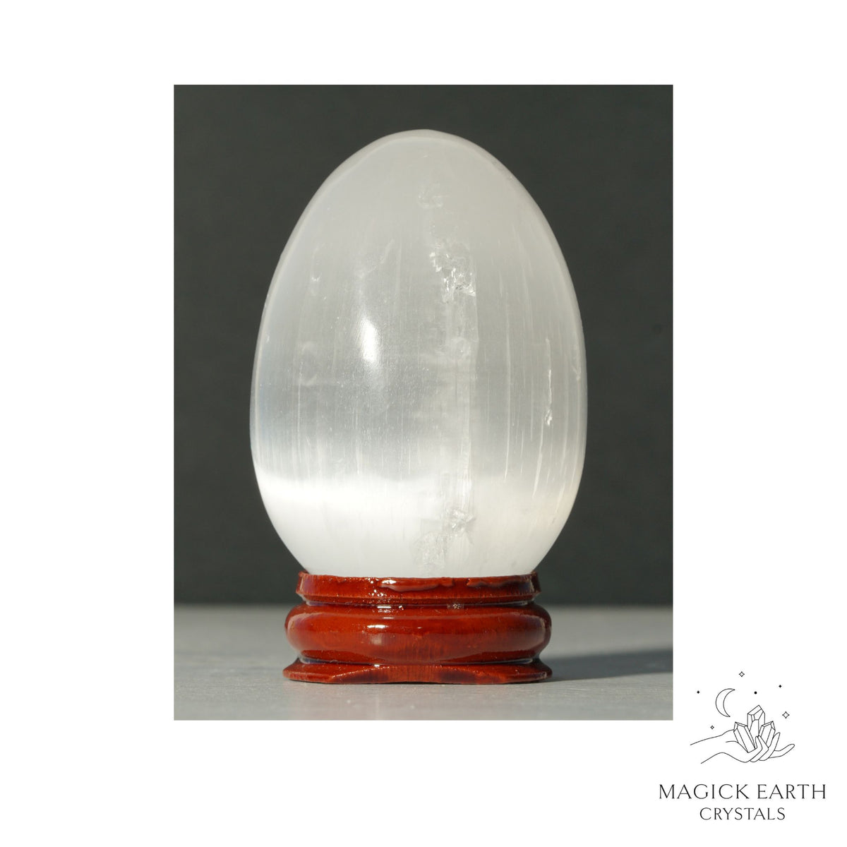 Selenite Crystal Egg On Stand Vertical View A for Angelic Connection
