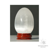 Selenite Crystal Egg On Stand Vertical View A for Angelic Connection